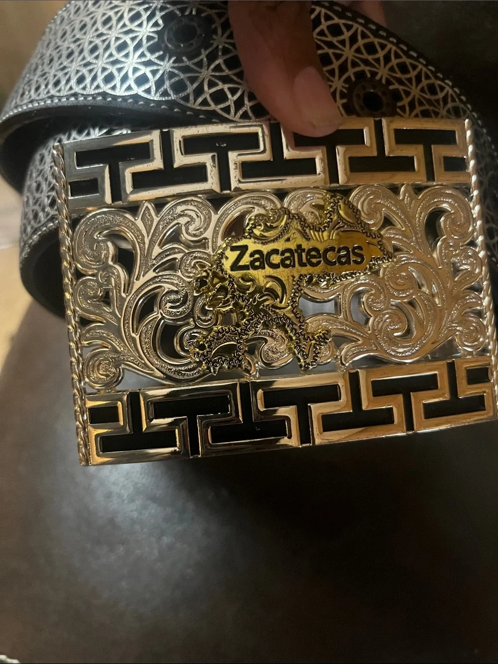 Zacatecas Men's Western Cowboy Rodeo Leather Belt Ornamental Silver Buckle